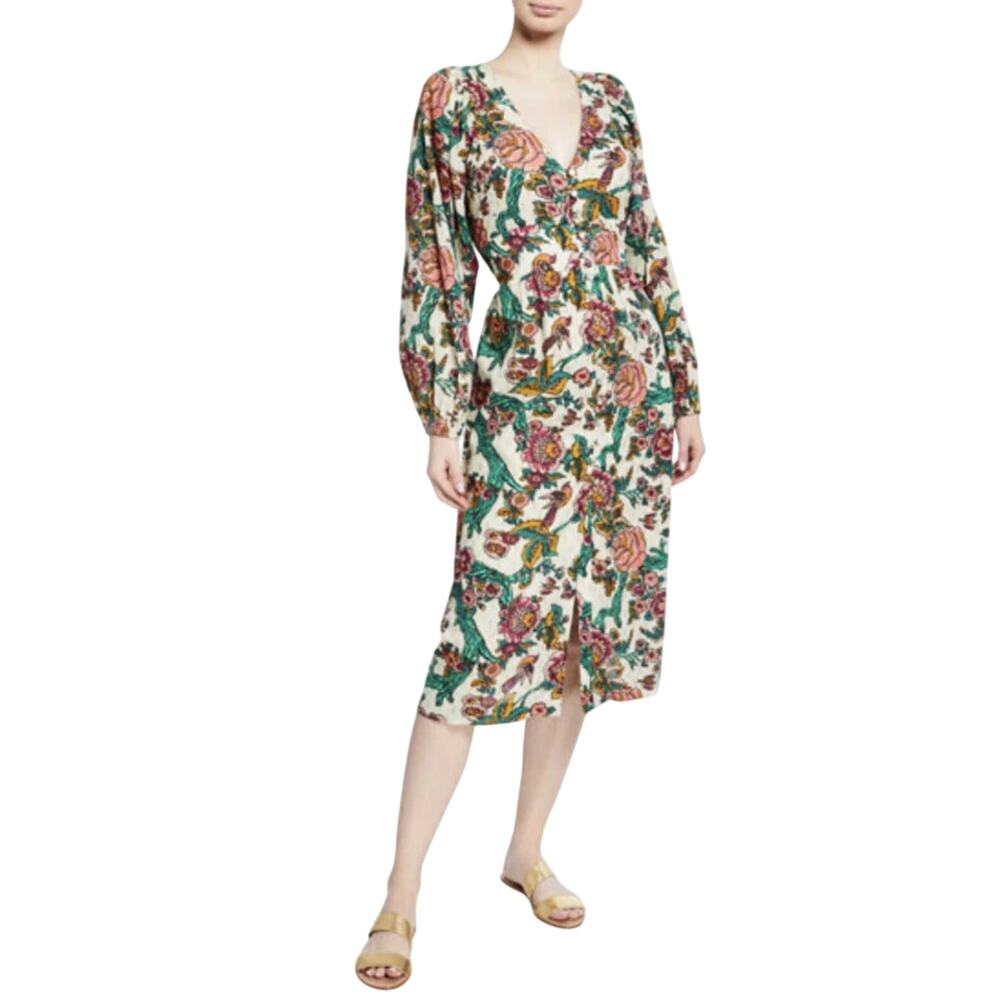 Figue Malina Metallic Midi Dress Womens Small Birds Floral Paradise Green Cream
